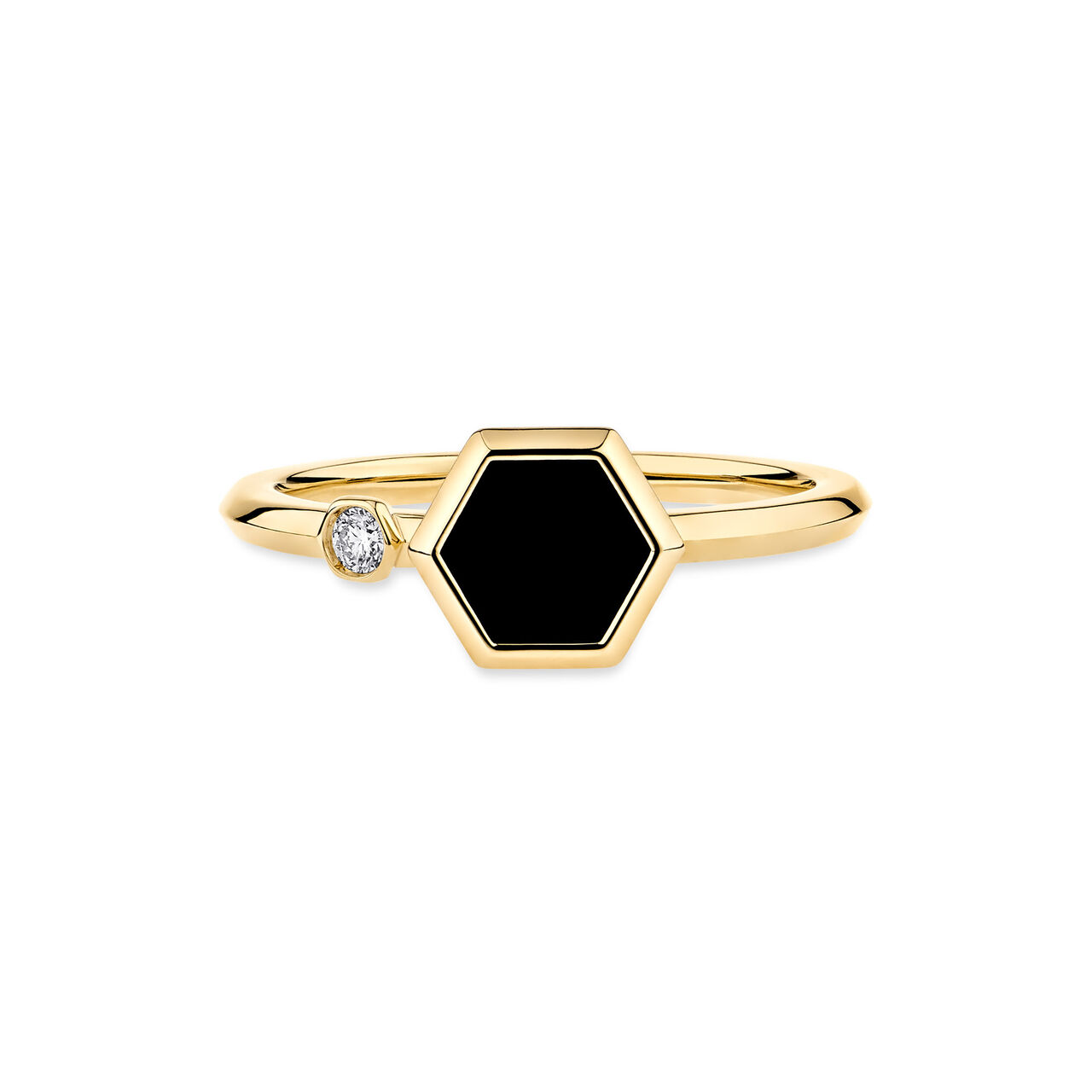 Front view of Birks Bee Chic ring featuring a polished black onyx set in yellow gold image number 0